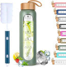 Aqulea Glass Water Bottles 25 Oz with Silicone Sleeve - BPA Free Reusable Wide Mouth Glass Motivational Water Bottles with Fruit Infuser – Leak Proof Borosilicate Water Bottle with Time Marker (Green) by CozyNest Decor