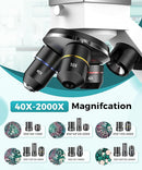 Professional Compound Microscopes for Adults, Kids 8-12 & Students | 2000X Magnification Lab & Home Microscope with Phone Adapter, Complete Slides Set (Gray White) by TinyTreasures Baby Boutique