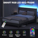 Queen Size Bed Frame with LED Lights, Upholstered Bed Frame with Wingback Diamond Tufted Headboard, Wood Slats Support, Noise-Free, Easy Assembly, No Box Spring Needed, Grey