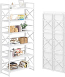 4NM 6 Tiers No Assembly Book Shelves, 61.8" H Folding Bookshelf Bookcase Open Industrial Foldable Shelves for Bedroom, Living Room, Home Office - All White by CozyNest Decor