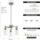 3-Light Brushed Nickel Dining Room Light Fixture,Modern Kitchen Chandeliers Over Table，Adjustable Height Industrial Hanging Pendant Lights for Kitchen Island with Glass Shade by CozyNest Decor