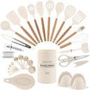 Country Kitchen Non Stick Silicone Utensil Set with Rounded Wood Handles for Cooking and Baking, 38 Piece Set, Khaki by CozyNest Decor