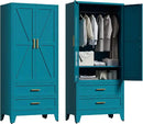 71'' Farmhouse Metal Wardrobe Cabinet with Hanging Rod, 2 Barn Door Wardrobe Closet with Adjustable Shelves,2 Drawer,for Dining Room,Bedroom,Living Room, Cloak Room,Office (Peacock Blue) by CozyNest Decor
