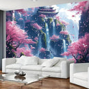 FENDROM Japanese Aesthetic Pink Cherry Blossom Tree Tapestry Building On Mountains Waterfall River Fairytale World Asian Art Tapestry for Bedroom Living Room by CozyNest Decor