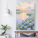 The hydrangea scenery all over the lake at sunset is suitable for posting in the living room bedroom office landscape poster wall painting by CozyNest Decor