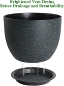 12/10/9 Large Modern Plant Pots, Plastic Planters with Drainage Holes and Saucers for Indoor Outdoor Plants Flowers, Black with Green Speckles by GreenHaven Gardens