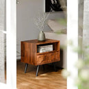 Bme Georgina Solid Wood Nightstand with 1 Drawer & Open Shelf- Fully Assembled Mid Century Modern Side Table - Geometric Pattern Bedside Dresser for Bedroom and Living Room, Dark Chocolate by CozyNest Decor