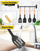 Pack of 4 Silicone Cooking Utensils Set, Non Stick Solid Spatulas and Heat Resistant Slotted Spoons with Wooden Handle, Ideal Wood Kitchen Utensils Set for Frying,Serving,Turning,Stirring (BLACK) by CozyNest Decor