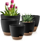 Plant Pots 10/9/8/7.5/7 Inch Self Watering Pots, Set of 5 Plastic Planters with Drainage Holes and Saucers,Plastic Flower Pots,Nursery Planting Pot for Indoor Out Door Plants(Black Brown) by CozyNest Decor