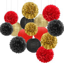 Red-Black Gold Party-Decorations Paper Flowers Lanterns - 15PCS Casino Theme Halloween Tissue Pom Poms Streamers,Game Night Women Men Birthday Wedding Bachelorette Hanging Supplies Decor Hugfond by CozyNest Decor