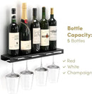 Wall Mounted Wine Rack – Metal Floating Bar Shelf with Bottle and Glass Holder, Holds 5 Bottles and 4-6 Glasses by CozyNest Decor