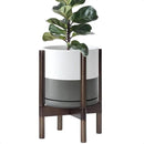D'vine Dev Ceramic Planter with Walnut Color Stand - 10 Inch Modern Round Flower Pot with Wood Planter Holder, White/Grey, 55-B-X-6 by CozyNest Decor