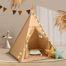 Teepee Tent for Kids with Mat, Cotton Canvas Kids Teepee with Pompom for Toddlers Indoor Play Tent for Girls Boys with Stars Lights, Carry Bag, Banner Flag (Khaki) by TinyTreasures Baby Boutique