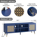 Mid Century Modern Entertainment Center, Blue TV Stand for TVs up to 75", Boho Tv Furnitures with Storage Cabinet and Shelves, Tv Console Media Center with Gold Metal Mesh Doors for Living Room by CozyNest Decor