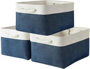 Organization and Storage Basket for Shelves - 16x12x8 inch Large 3 Pack Canvas Storage Bin Collapsible Baskets for Organizing, Fabric Storage Cubes for Cloth Laundry (White&Deep Blue) by CozyNest Decor