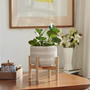 LA JOLIE MUSE Ceramic Plant Pot with Wood Stand - 7.3 Inch Modern Round Decorative Flower Pot Indoor with Wood Planter Holder, Beige and White by GreenHaven Gardens