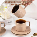 Large Cappuccino Cups with Saucers Set of 4, 8 Ounce Stackable Embossed Ceramic Coffee Mugs for Specialty Coffee Drinks, Latte, Cafe Mocha and Tea, Dishwasher & Microwave Safe (Brown) by CozyNest Decor