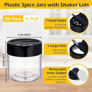 50 Pack 4.7 oz Plastic Spice Jars with Black Cap Empty Clear Plastic Spice Bottle Containers Reusable Seasoning Jars with Shaker Lids for Kitchen Storing and Dispensing Salt Powders by CozyNest Decor