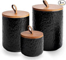 JOJUNO Black Ceramic Canister Set with Wooden Lid, 3-Piece Airtight Food Storage Jars for Kitchen Counter - Flour, Sugar, Coffee, Tea, Spice - Small, Medium, Large Sizes - Stone Texture by CozyNest Decor