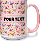 Personalized Mug for Kids - Butterflies - Custom Name/Text, Ceramic Hot Chocolate/Cocoa/Coffee Cup for Girls, Birthday/Christmas/Holiday Gift - 15 oz, Pink Handle by TinyTreasures Baby Boutique