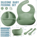 10 Pack Silicone Baby Feeding Set, Toddlers Led Weaning Feeding Supplies with Suction Baby Bowl Divided Plate Adjustable Bib Soft Silicone Spoon Fork, Infant Self Eating Utensil Set (Blue, Green) by TinyTreasures Baby Boutique