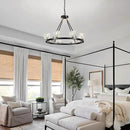 Black Wagon Wheel Chandelier, 8-Light Farmhouse Crystal Chandeleirs with Adjustable Height,Ceiling Hanging Light Fixture Pendant Lights for Living Room,Bedroom,Kitchen Island,Dining Room,Bedroom by CozyNest Decor