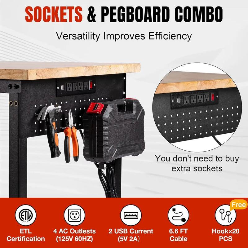 48" L×24”W Adjustable Workbench with Wheels, 28”-40”Height Heavy Duty Table 2000 LBS Load Capacity, Work Bench with Power Outlet & Pegboard, Rubber Wood Work Table for Garage, Office, Workshop, photo 3 of 6