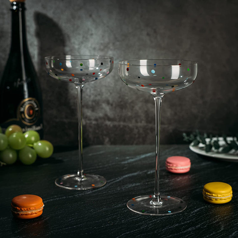 Polka Dot Champagne Coupe Glasses Set of 2 8.8 oz by The Wine Savant - Polka Dot Rainbow Colored Glasses, Cocktail Glassware, Polka Dot Gifts Damien Hirst, Gift Idea For Everyday, Weddings, Parties