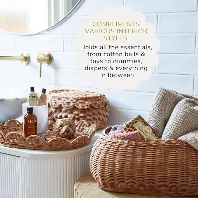 BEBE BASK The Original Scalloped Basket Set Of 2 - Small Scallop Basket - 15 x 10 x 6 In - Hand-Woven & Award-Winning - Elegant Wicker With Scalloped Edge Lid - Nursery Storage - (Mocca), photo 5 of 9
