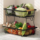 2 Tier Fruit Basket for Kitchen Counter with 2 Banana Hangers, Countertop Metal Fruit Bowl with Wooden Handle, Large Storage Stand for Vegetables, Snacks, Breads, Produce Storage – Black by CozyNest Decor
