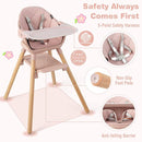 BABY JOY Baby High Chair, 6 in 1 Convertible Wooden High Chair for Babies & Toddlers with Adjustable Legs, Double Removable Tray, Safety Harness & Waterproof PU Cushion (Pink) by TinyTreasures Baby Boutique