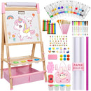 Easel for Kids,Adjustable Wooden Art Easel for Kids,119+ Art Supplies,Double Sided Magnetic Chalkboard and White Board Whit Storage Basket,Drawing and Painting for Aged 2-4,5-7,8-12,2 Paper Rolls by TinyTreasures Baby Boutique