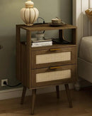 Rattan Nightstand with Charging Station,Modern Bedside Table with 2 Storage Drawer and Open Wood Shelf, for Bedroom and Small Spaces,Night Stand with Solid Wood Legs (Walnut Brown) by CozyNest Decor
