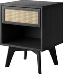 MUSEHOMEINC Nightstand, Boho Bedside Table with Rattan Drawer Open Shelf, Black Wooden Night Stand with Storage, Mid Century Modern End Table for Bedroom, Living Room,Dorm and Small Spaces by CozyNest Decor