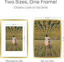 Homeforia A4 Gold Picture Frame, High End Metal 8.3 x 11.7 Frames for Wall or Tabletop, Gold A4 Certificate Frame with Mat A5, 8.3x11.7 Frames Matted to 5.8x8.3 Art, Tempered Glass, Wall Kit, Set of 1 by CozyNest Decor