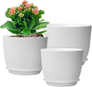 9/8/7.5 inch Flower Pots, Set of 3 Modern Decorative Plastic Planters with Drainage Holes and Saucers, Plant Pots for Indoor Outdoor Plants, White by CozyNest Decor