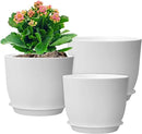 10/9/8 inch Medium Flower Pots, 3 Pack Modern Decorative Plastic Planters with Drainage Holes and Tray, Plant Pots for Indoor Outdoor Plants, White by CozyNest Decor