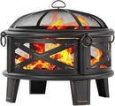 Breezz 26 Inch Wood Burning Fire Pit with Cooking Grill and Spark Screen, Outdoor Metal Round Firepit for Patio, Backyard, Bonfire Party, Camping by GreenHaven Gardens