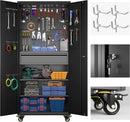 71" H Metal Garage Storage Cabinet with Locking Doors and 2 Adjustable Shelves, Rolling Tool Storage Cabinet with Wheels, Drawer, Pegboard and 16 Hooks for Garage, Warehouse, Black by GreenHaven Gardens