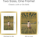 Homeforia A5 Picture Frame Gold, High End Metal 5.8 x 8.3 Frames Matted to 4.1 by 5.8 inch Photo, A5 Frame with Mat A6, 5.8x8.3 Poster Frames, 8.3x5.8 Display Frame, Tempered Glass, Wall Kit, Set of 1 by CozyNest Decor