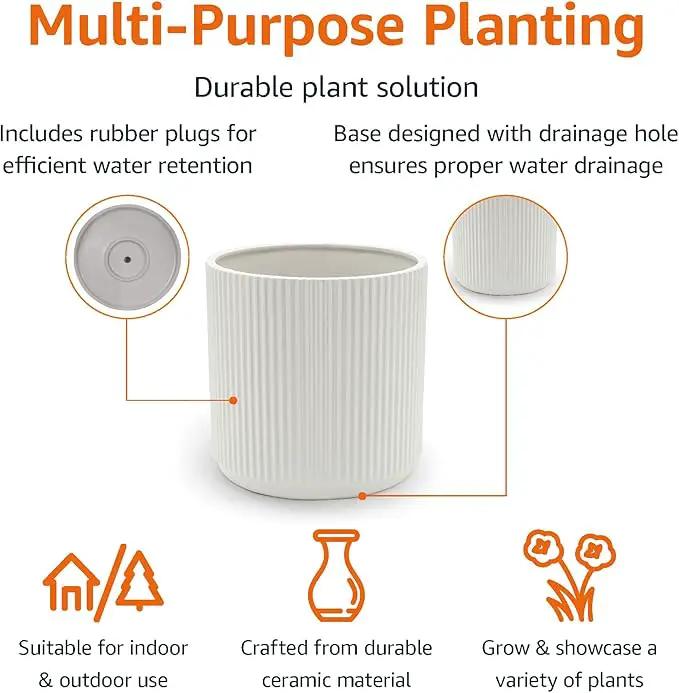 Amazon Basics Fluted Ceramic Round Planter, 10-Inch, White, photo 2 of 7