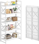 4NM 5 Tiers No Assembly Book Shelves, 51.2" H Folding Bookshelf Bookcase Open Industrial Foldable Shelves for Bedroom, Living Room, Home Office - All White by CozyNest Decor