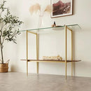 Glass Console Table for Living Room, Foyer & Entrance, 2-Tiers Mid-Century Modern Sofa Table with Clear Glass Top, Walnut Finish Wood Top and Gold Finish Metal Frame by CozyNest Decor