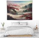 Japanese Tapestry, Red Plum Cherry Blossom Mountain, Nature Landscape, Bedroom & Living Room Decor, 80"x60" by CozyNest Decor