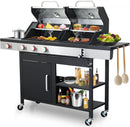 3-Burner Gas and Charcoal Combo Grill with Griddle Plate, 37,230 BTU, Stainless Steel & Enameled Grates, Side Burner + Storage Cabinet for Backyard, Tailgating, Teppanyaki by GreenHaven Gardens