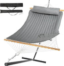 2 Person Outdoor Hammock with Stand, Cotton Rope Hammock with Polyester Pad, Adjustable Steel Frame, Portable with Carrying Bag – for Patio, Backyard, Garden, Beach, Urban-Gray by GreenHaven Gardens