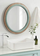 Kate and Laurel Palmer Rustic Farmhouse Round Wooden Mirror, 26 Inch Diameter, Blue and Rustic Brown, Modern Circle Decorative Wall Mirror with Paint Distressing by CozyNest Decor