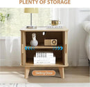 Farmhouse Square End Table with Charging Station, 24" Large Fluted Sofa Side Table with Sliding Tambour Door and Storage, Rustic Curved Wood Nightstand for Living Room, Bedroom, Natural by CozyNest Decor