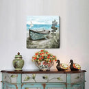 Bathroom Wall Art Coastal Décor Nautical Boat on Beach Canvas Picture Ocean Seagull Seascape Canvas Print Sea Bird Farmhouse Artwork for Seashore Bedroom Living Room Small Square Blue Teal 14x14" by CozyNest Decor