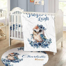 Personalized Baby Crib Bedding Set - Custom Name Owl Pattern 3 Pcs Set - Soft Blanket with Double Layer Dotted Backing, Fitted Sheet, Room Rug for Newborns Boys Girls Shower Gift by TinyTreasures Baby Boutique